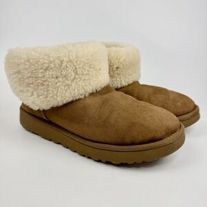 UGG Classic Ultra Mini Chestnut Suede Shearling Cuff Ankle Boots Brown Womens 10